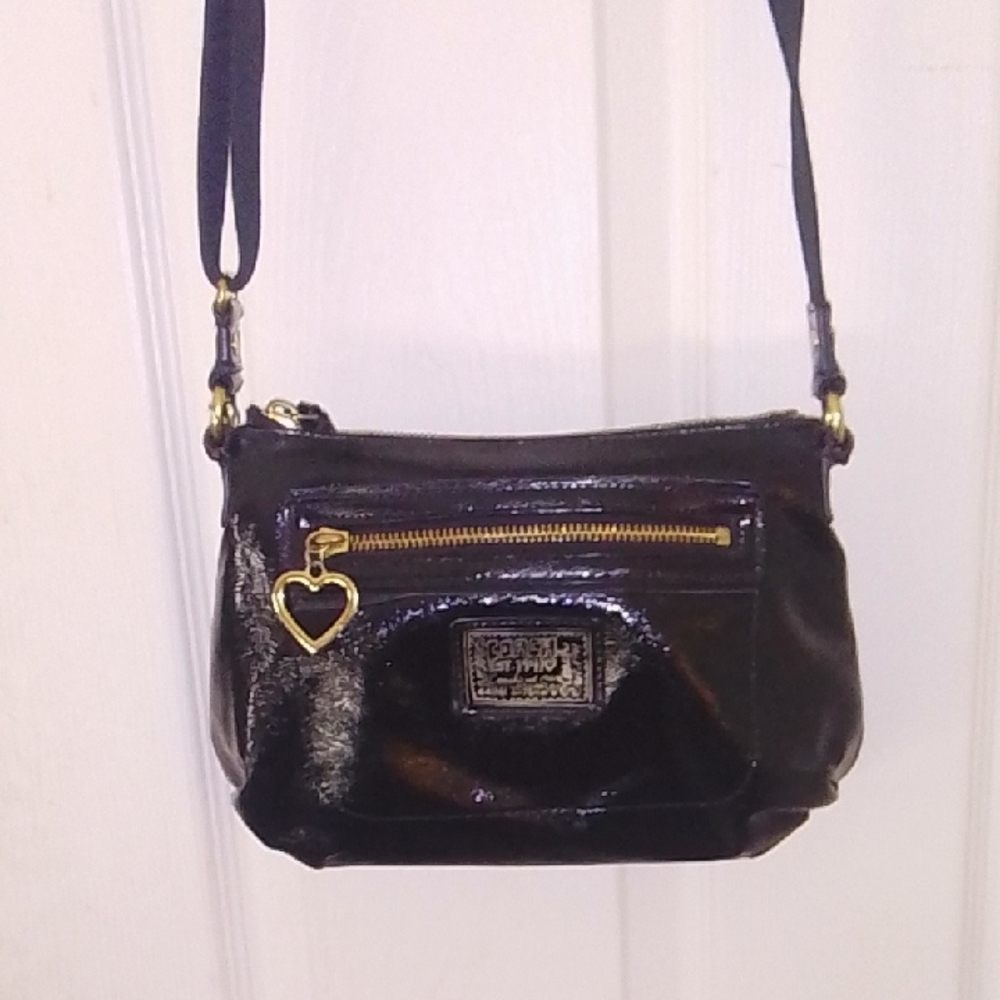 Coach Black Patent Leather Crossbody Bag with Gold Accents